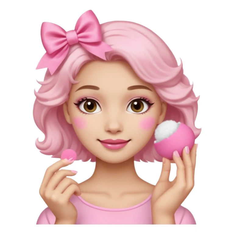 female face, light skin tone, small simple closed smile. One hand visible holding a round fluffy pink makeup powder puff pressed to the cheek; the puff has a small satin bow. sticker
