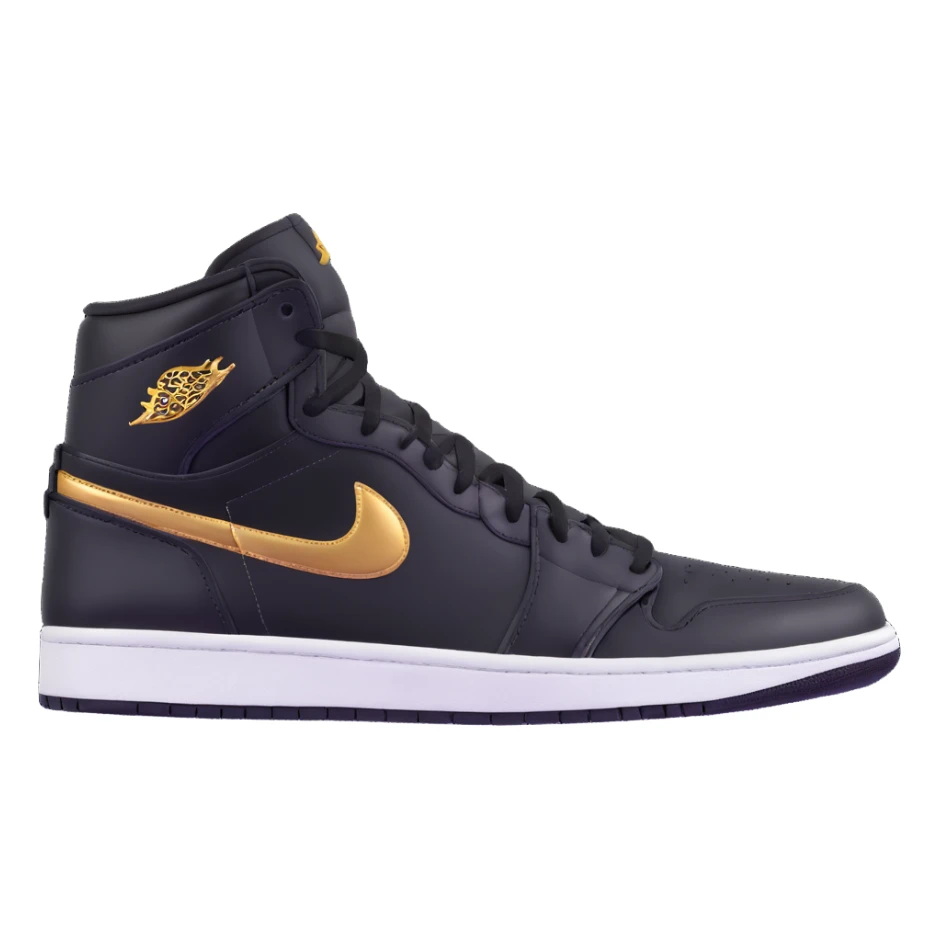 Jordan 1 sneaker, shiny black material with a metallic gold swoosh sticker