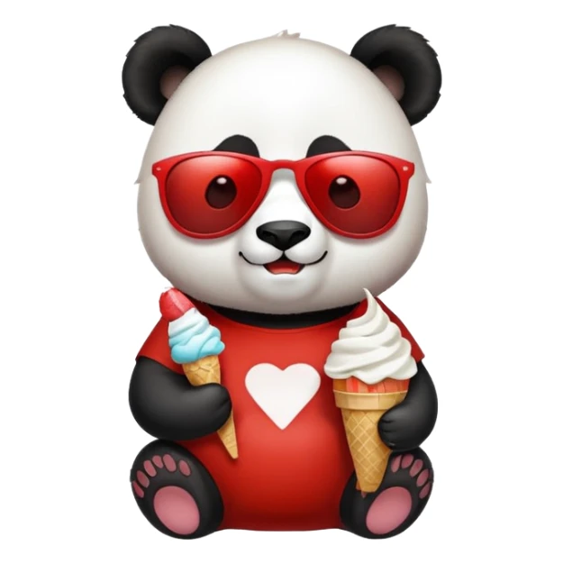 Panda with sunglasses that eat an ice cream with a red and white t-shirt sticker