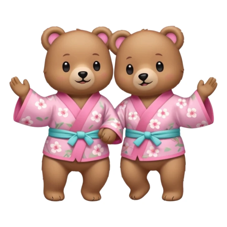 Two cute light-brown bears wearing pastel pink sakura-patterned kimonos, normal balanced body ratio.  
Holding hands and dancing happily together with music note icons and joyful movement lines.  
Kawaii emoji style, minimalistic clean sticker illustration, white background. sticker