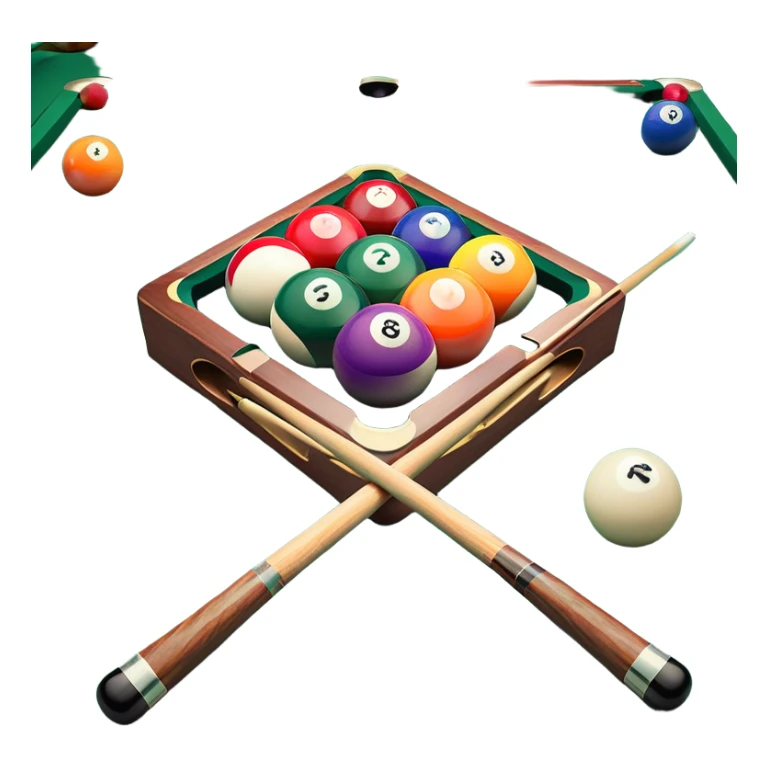 Two crossed pool cues resting on a billiard table, with colorful billiard balls scattered across the surface. The background features the felt of the table, creating an inviting atmosphere for a game of precision and strategy sticker