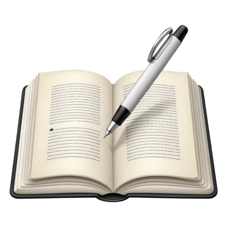 "A white open book,The pen should be positioned as placed exactly in the center between the pages.  if held by a right-handed person - meaning the direction is reversed compared to a left-handed grip. The pen should be uncapped, and the cap placed behind it." sticker