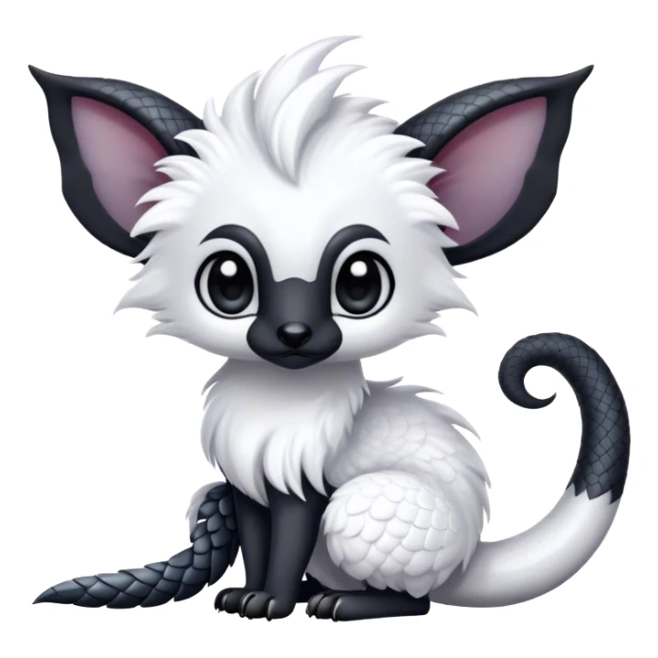 Fantasy-fantasy creature, black ears, no Scapha, black long scaly tail, big eyes, black eyes, white fur, black claws, cute, adorable sticker
