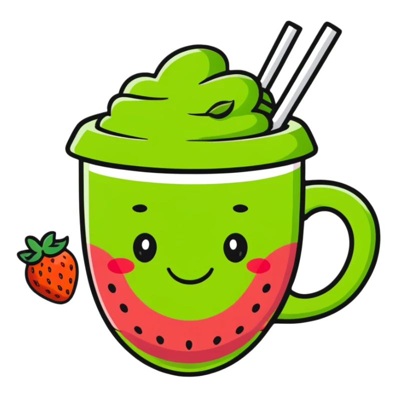 cute cartoon strawberry green tea in a cup with a smiling face sticker