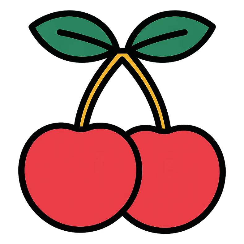 Two cherries with golden stems connected, paired with dark green leaves sticker