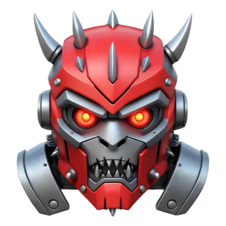 futuristic berserker war robot portrait, head and shoulders only, angry faceplate, jagged mouth grill, glowing eyes, spiked shoulder armor, scratched metal, intimidating look, 3D cartoon, mobile game icon style, clean background, no text, no watermark
 sticker