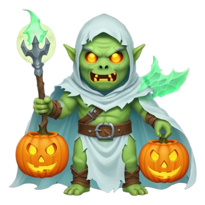 male orc warrior ghost emoji, green skin, tusks, wearing torn white ghost sheet costume, holding glowing jack-o'-lantern, faint blue aura, friendly but spooky expression, Halloween fantasy theme, Apple emoji style, clean white background, square sticker