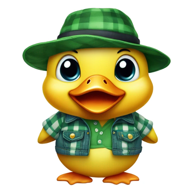 cute fluffy chubby baby duck with hand and wear green hat and red checkered shirt and jeans jumpsuit sticker