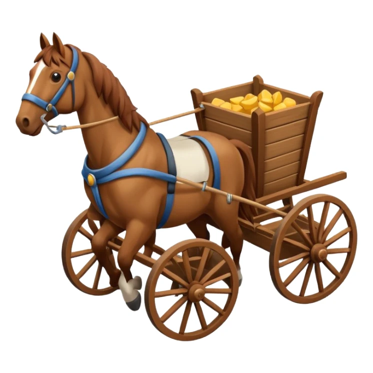 horses pulling a cart, isometric view, emoji style, horses facing opposite direction sticker