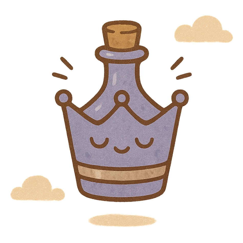 minimalistinis prabangus mažas eliksyro buteliukas, karūnėlės forma, spalva #7986cb, subtilios sidabrinės detalės, švelnus magiškas švytėjimas, labai mažas kaklelis, vientisas dugnas, buteliukas plūduriuoja ore, be pagrindo ar šešėlio, modernus, kolekcijai tinkamas sticker