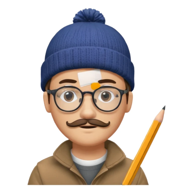 A creative young man with a pencil, glasses and a beanie. He holds a pen in his hand. He has a slight moustache and bit of a beard sticker