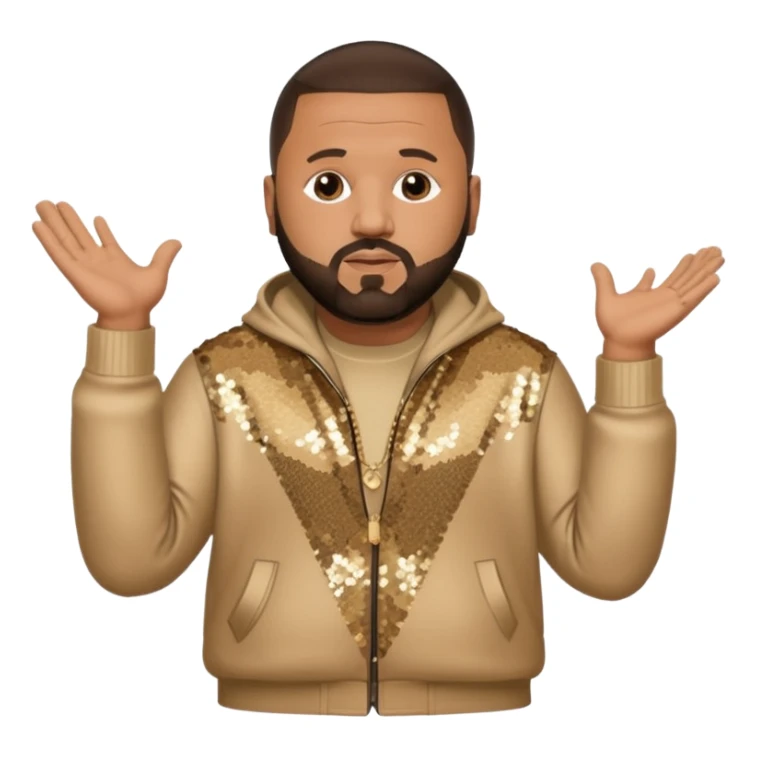 DJ Khaled with dark brown hair, beige sequin outfit sticker