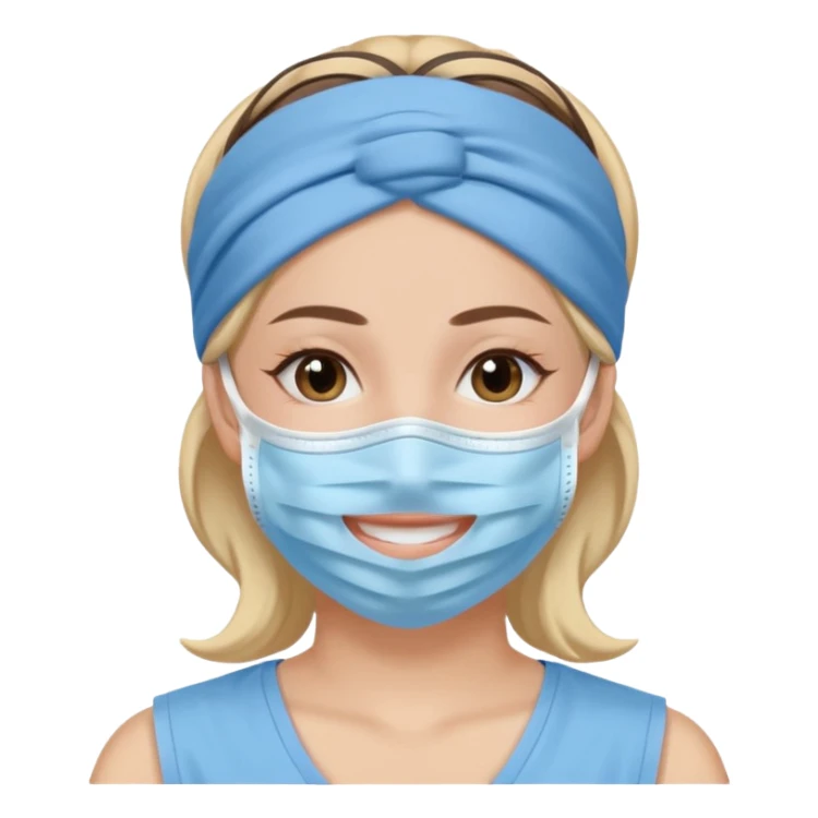 smiling woman with blue face mask, headband, peaceful sticker