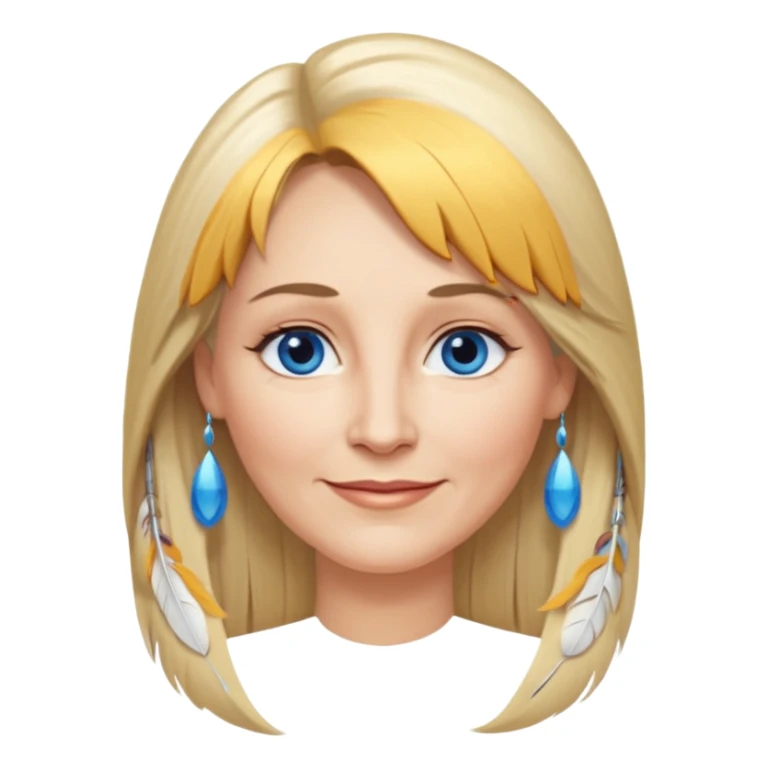 50 yr old white woman, feather bangs, very long straight blond hair, oval face, small smile, blue eyes, thin face, hair downback, hair parted at center of head, round cheeks, pale, longer hair sticker