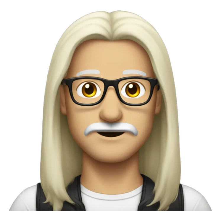 a white-skinned man with long black straight hair, a black mustache and glasses sticker