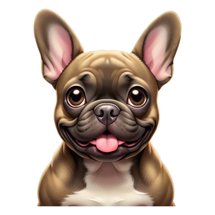 Cinematic Comical Brindle French Bulldog Portrait Emoji, Head tilted dramatically with an exaggeratedly amused expression, featuring a striking brindle coat with bold fawn highlights, wide, expressive dark eyes filled with playful disbelief, Simplified yet hilariously expressive features, highly detailed, glowing with a slightly sassy glow, high shine, dramatic yet playful, stylized with an air of cheeky mischief, bright and endearing, soft glowing outline, capturing the essence of a spirited and over-the-top companion, so meme-worthy it feels like it could side-eye its way into internet fame instantly! sticker