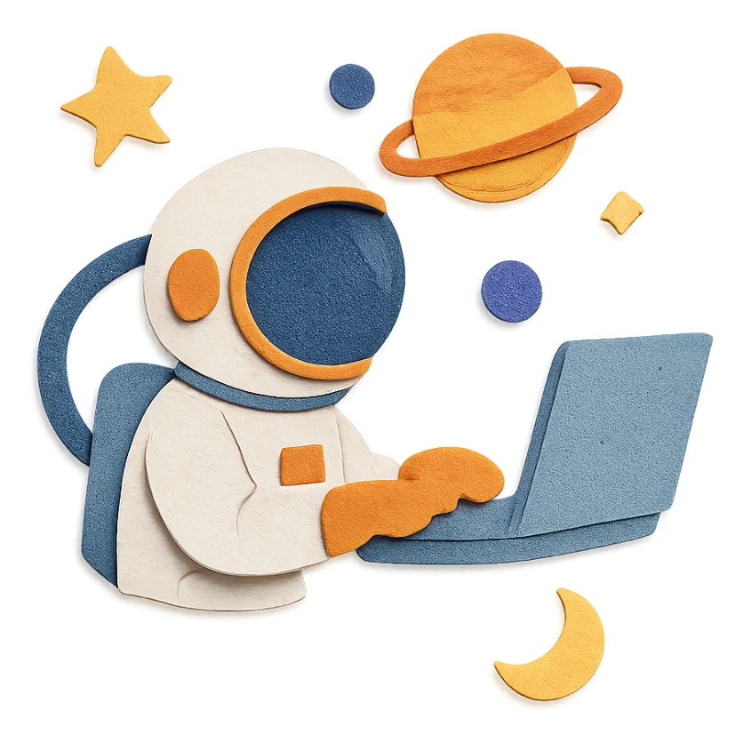 paper craft style astronaut using a computer, outer space scene sticker