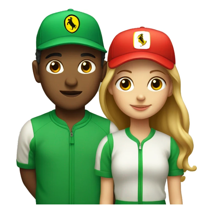 Boy in green baseball cap and girl in Ferrari jumper sticker