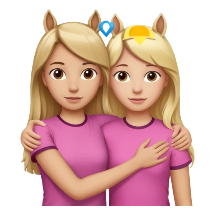 Two Girls with their arms around each other at summer camp one blonde one brown hair brown hair wearing pink horse shirt no horse ears sticker