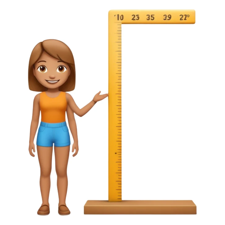 A 3D cartoon figure standing against a height chart, measurement marks visible, clean white background, Memoji-style. sticker