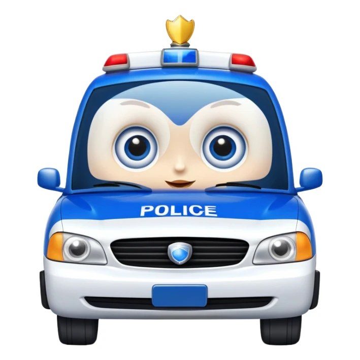 A police patrol car with big eyes and a brave, happy expression sticker