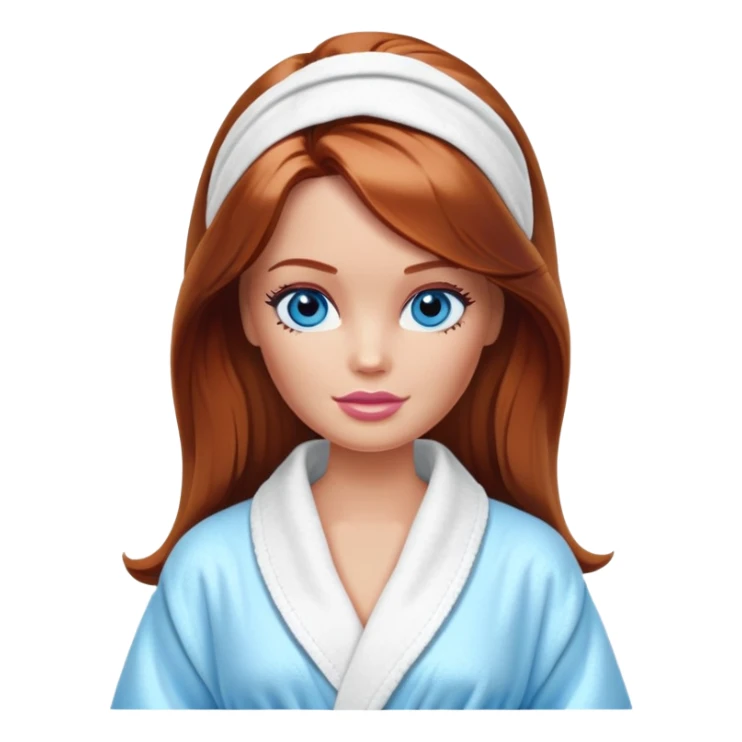 Barbie's face eyes blue with shoulder-length reddish-brown hair, makeup, cream smeared on her face , in a bathrobe with sticker
