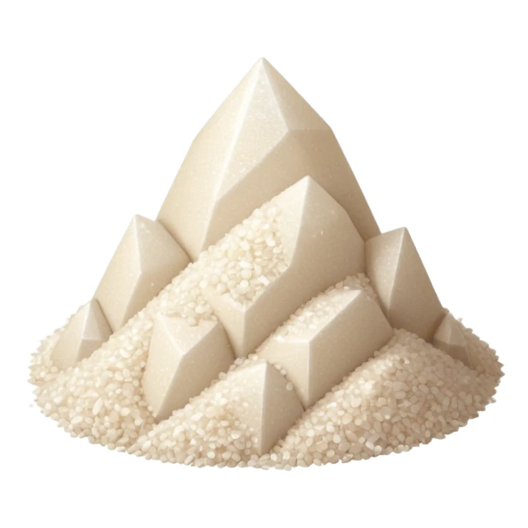 small pile of fine white crystalline powder, sparkly and grainy texture, denser and glossier than flour, sharp angular grains visible, no container or extras, soft lighting, subtle shadows, emoji scale sticker