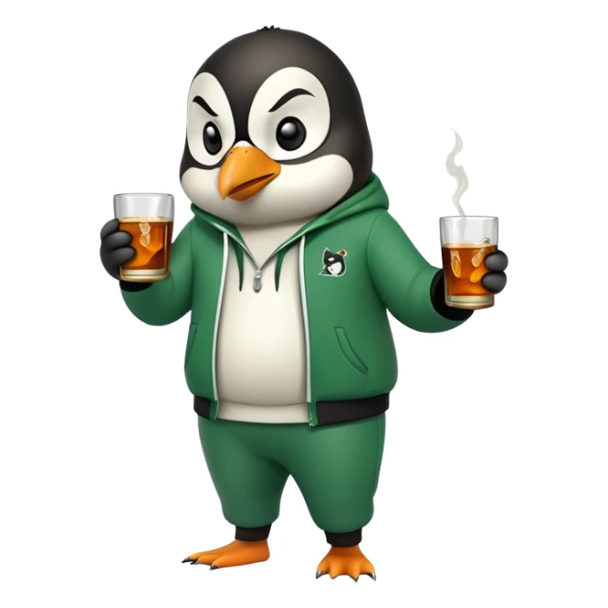 full body friendly anthropomorphised penguin wearing green mafia-style tracksuit, angry intense brooding posture, holding glass of whiskey sticker
