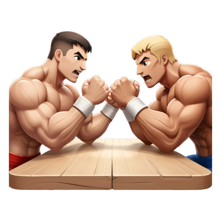 Two strong competitors locked in an intense arm wrestling match, muscles tensed as they battle for victory. The table is well-lit, showcasing their focused expressions and powerful arm grips. The background features a competitive arena with a cheering crowd. Transparent background. sticker