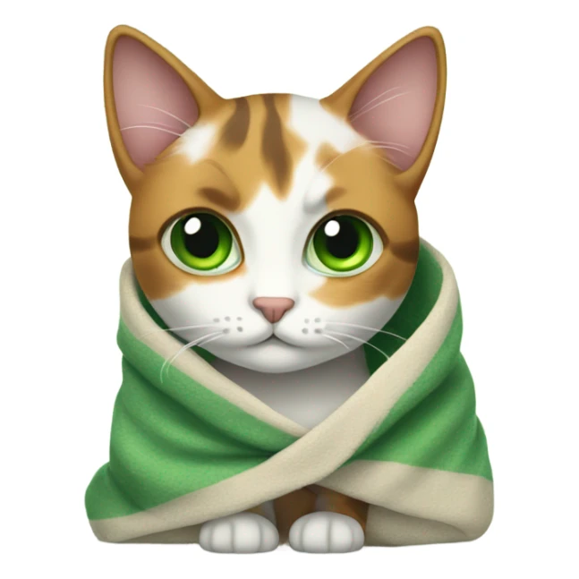 Calico cat with green eyes wrapped in a blanket sticker
