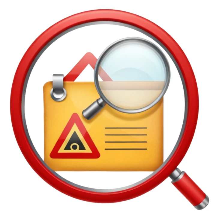 Create a clean emoji-style icon representing “Challenge Review”.
Include a document with a red warning symbol, a magnifying glass overlay, and a small refresh arrow. sticker