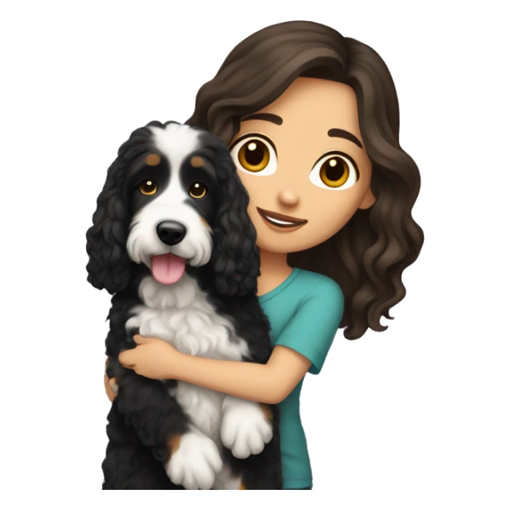 white girl with long dark hair holding bernedoodle sticker