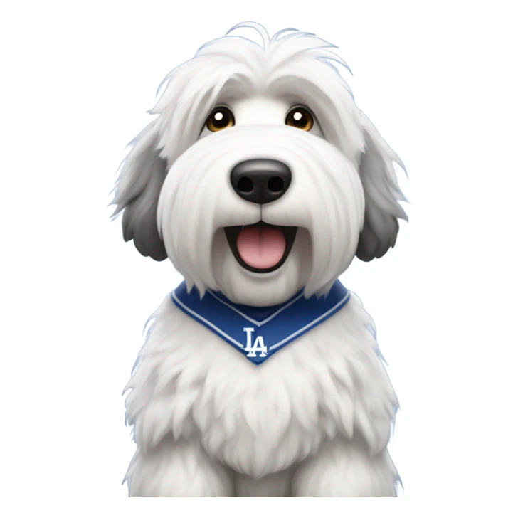 Old English Sheepdog full height wearing a Los Angeles dodgers baseball jersey sticker