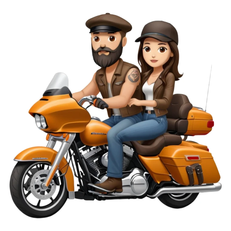 Harley Davidson road glide bearded bald man backward hat  with brunette girl  pillion sticker