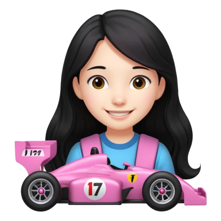 long black haired girl kid playing pink colored formula 1 car toy sticker