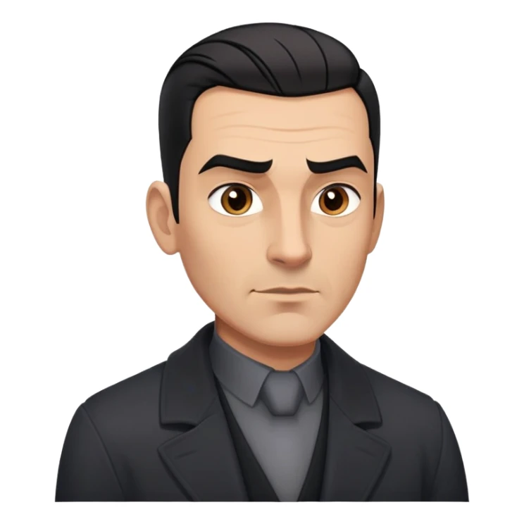 Robust athletic man in his 40s with light brown skin tone, short slicked back straight black hair with fade haircut, strong square face, thick eyebrows, wide nose, black overcoat with buttoned gray shirt visible underneath sticker
