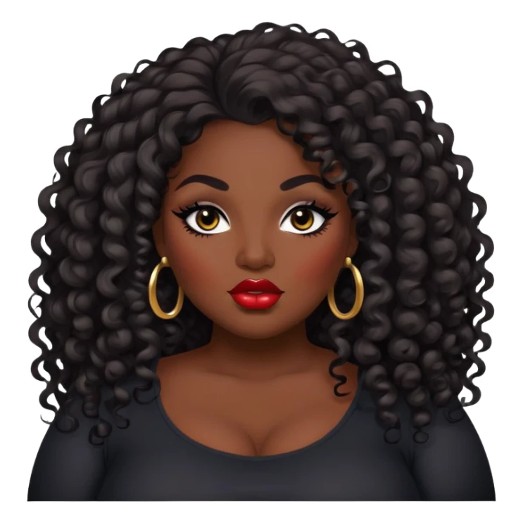 big plus size, dark skin, curly long hair, baddie,pretty lips, makeup, black eyeliner, long hair sticker