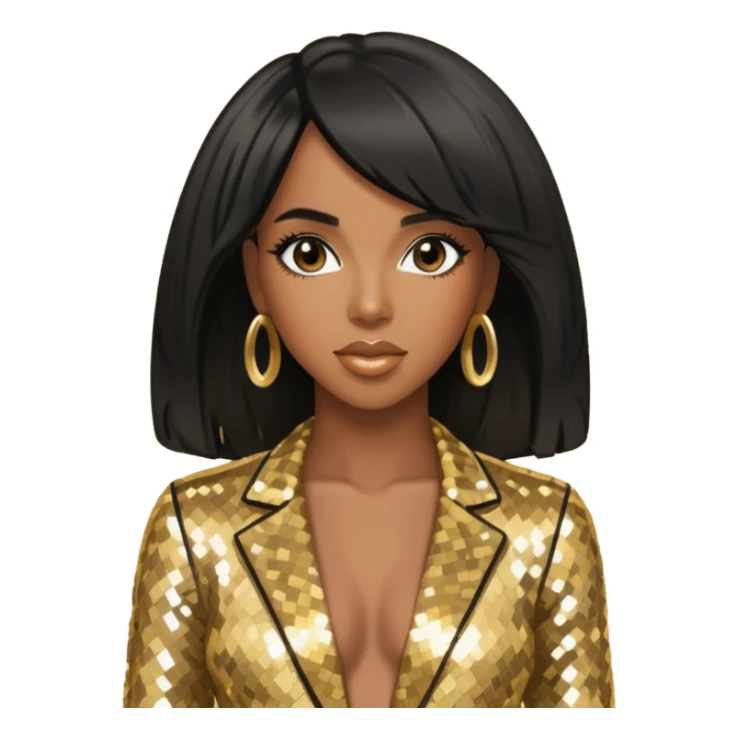 Kelly Rowland with black hair, gold sequin outfit sticker