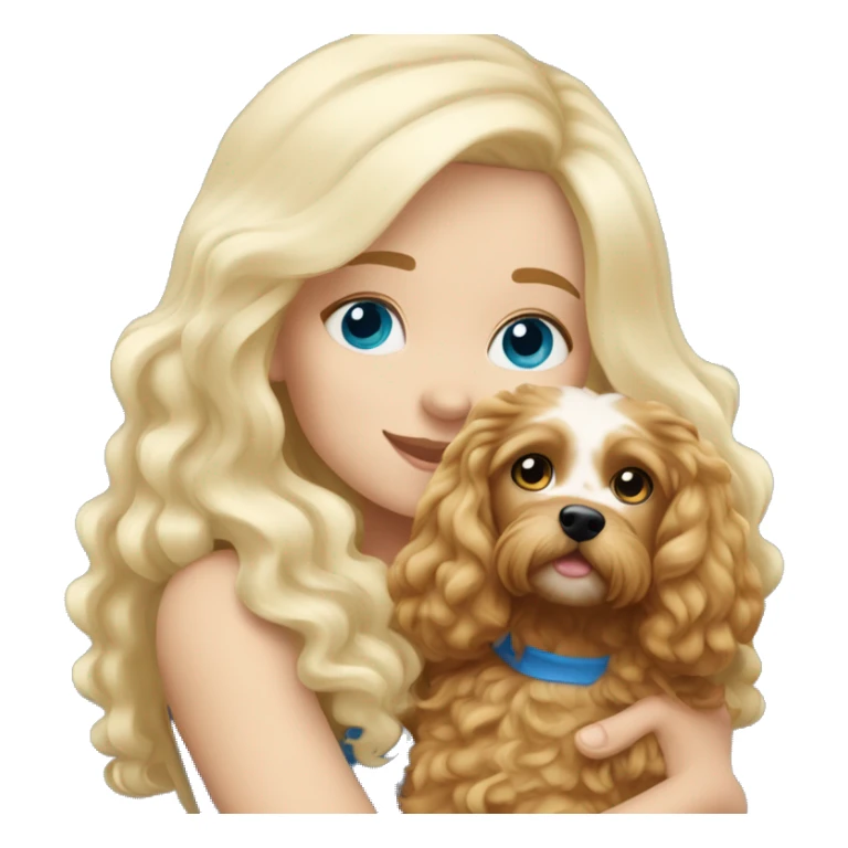 White blond girl with long hair and blue eyes hugging a cavapoo dog sticker