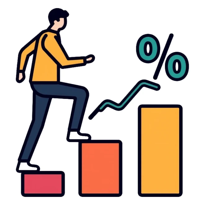 person climbing steps with increasing percentage signs sticker