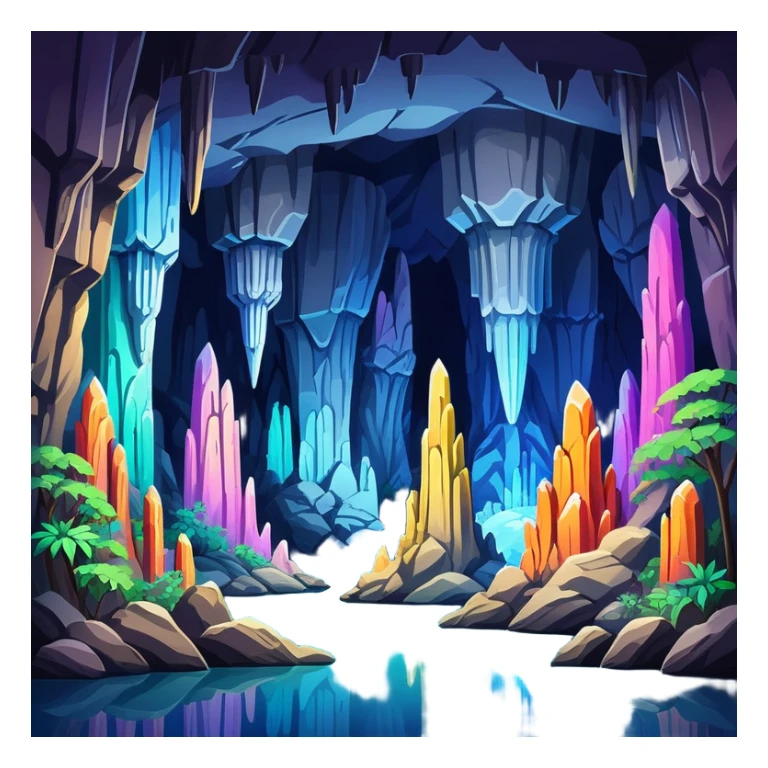Reed Flute Cave Guilin with colorful lighting, simplified emoji style with bold outlines and bright colors, cartoon style cave with stalagmites sticker