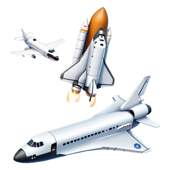 An icon featuring a space shuttle and an airplane against a starry sky, symbolizing aerospace technology. The design includes rocket boosters and satellite orbits, representing the exploration of space and advanced aviation. Transparent background sticker