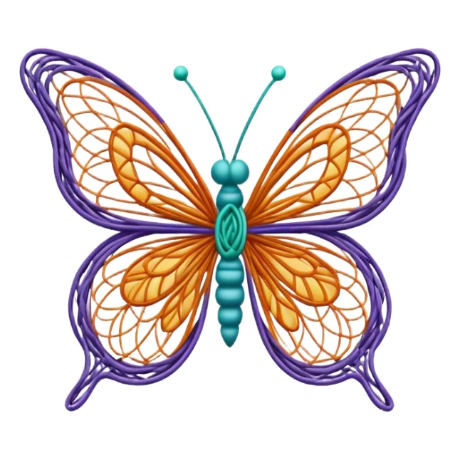 String art icon, colorful butterfly made with threads, wings formed by intricate thread patterns, body of the butterfly with visible thread ball structure, minimalistic style, clean lines, transparent background. sticker