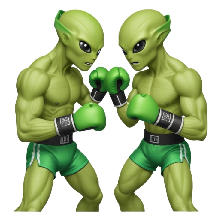 two aliens boxing in a fight stance, facing each other with raised gloves, dynamic action pose, intense expressions, sci-fi arena vibe, 3D cartoon style, mobile game icon style, clean background, no text, no watermark
 sticker