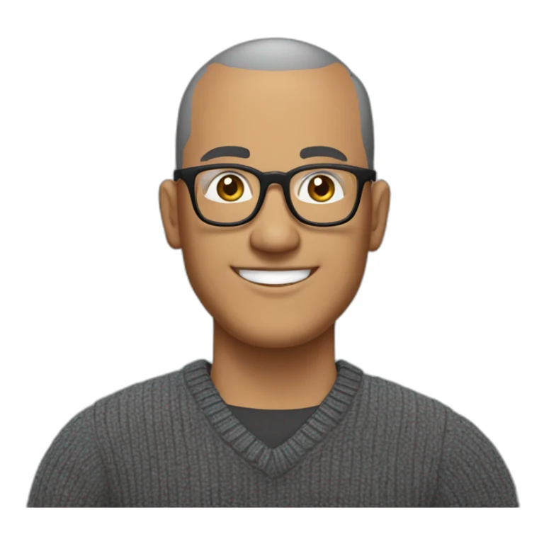 Middle age man with buzz cut salt and pepper hair, thick frame glasses, with a round face and broad smile, wearing a v-neck sweater sticker
