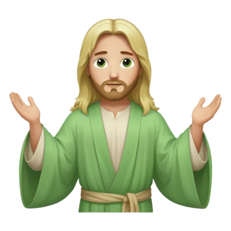 Jesus, green eyes, long blonde hair, light green wide, flowing outer robe. opening arms, gazing thoughtfully. Soft light, subtle fern. Waist-up, profile. sticker