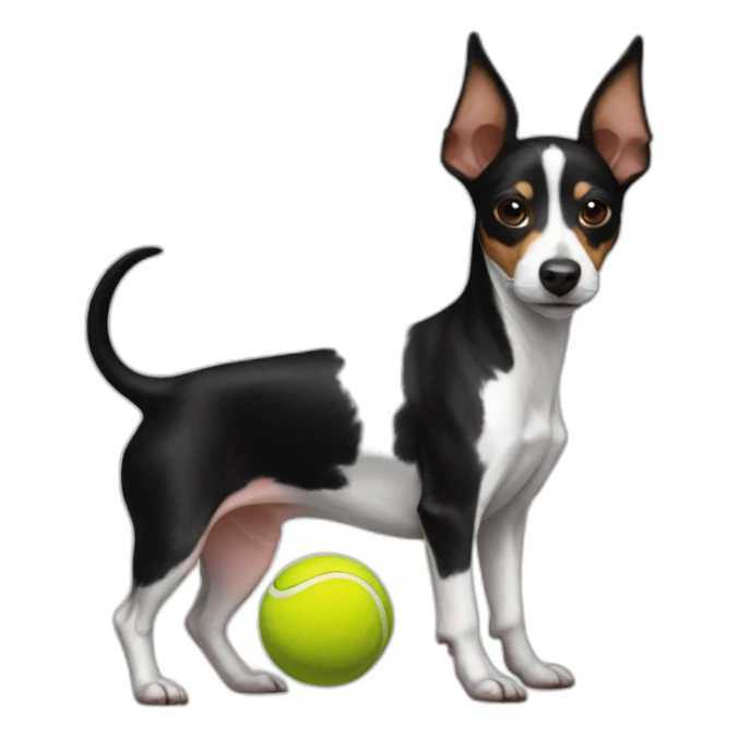 rat terrier colored like a black and white cow with tennis ball sticker