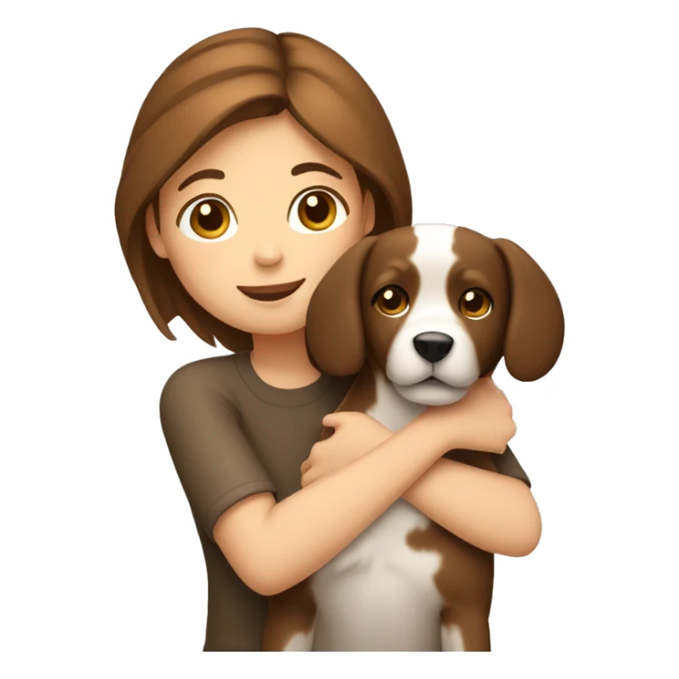 A girl with brown hair hugs a dog sticker