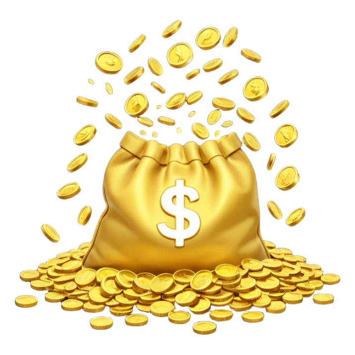 I would like a small pouch of gold coins that opens and the coins get splattered viollently meaning they splatters/scatters/falls on a 2d surface aggresively sticker