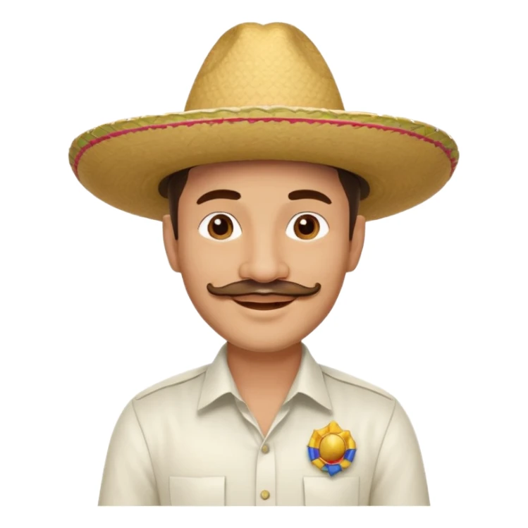 A happy, light skinned, Colombian man, with a small not connected mustache, a small gotee, wearing a Colombian Sombrero Voltiao, and wearing a white dress shirt sticker